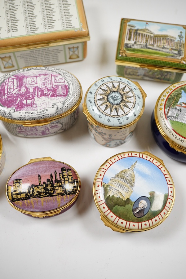 A group of ten Halcyon Days enamel boxes, mostly USA related